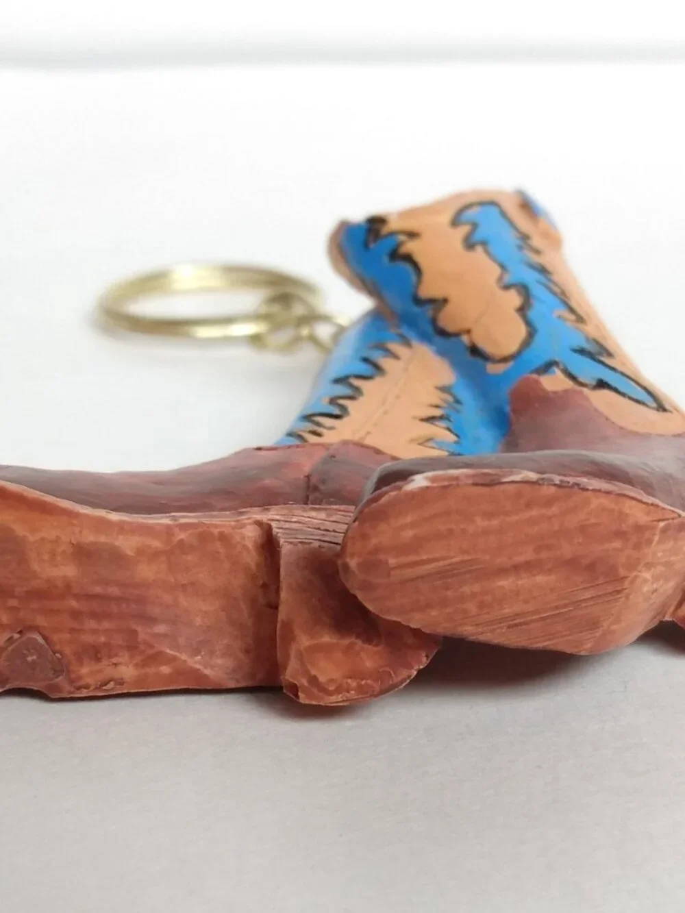 Vtg Tiny Pair of Cowboy Boots Keychain Keyring Hand Painted Blue Brown Western
